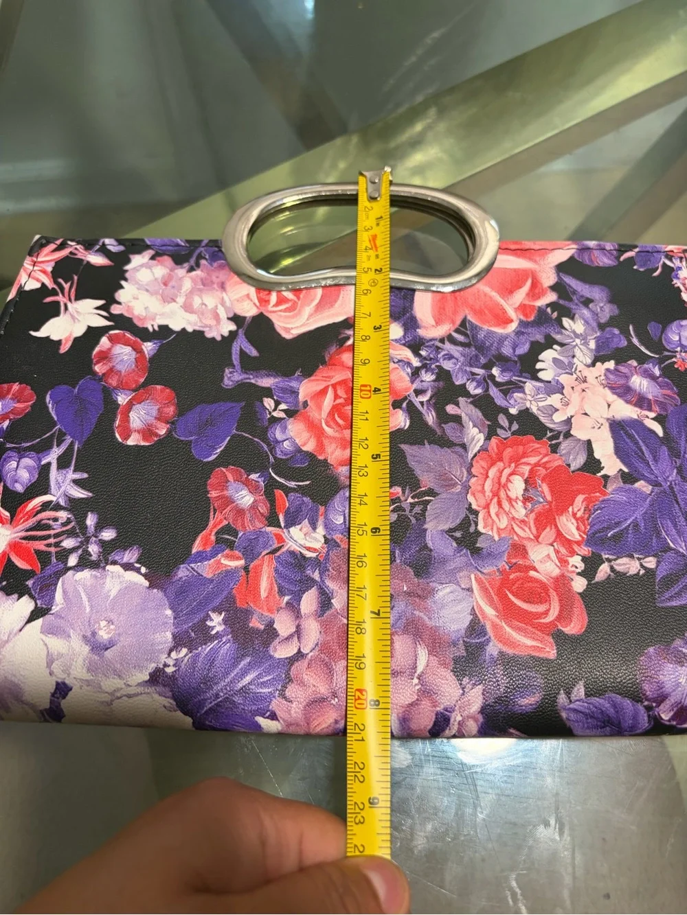 Vintage Floral Evening Clutch Handbag in Black with Pink & Purple Flowers